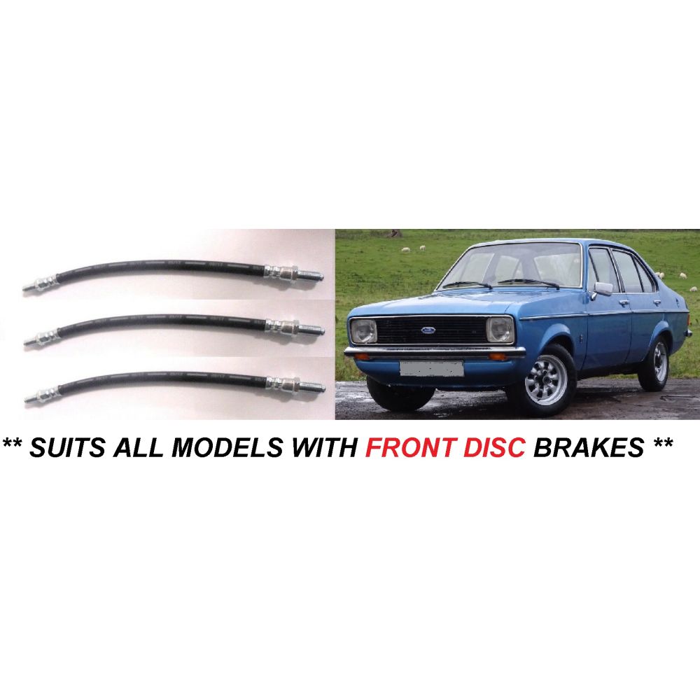FRONT & REAR BRAKE HOSES x3 (Ford Escort Mk2) (** Front Discs ***) (1975- 80)