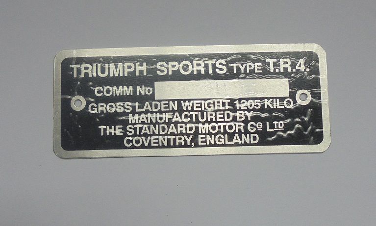 CHASSIS COMMISSION VIN PLATE (Triumph TR4) (1961- 65)