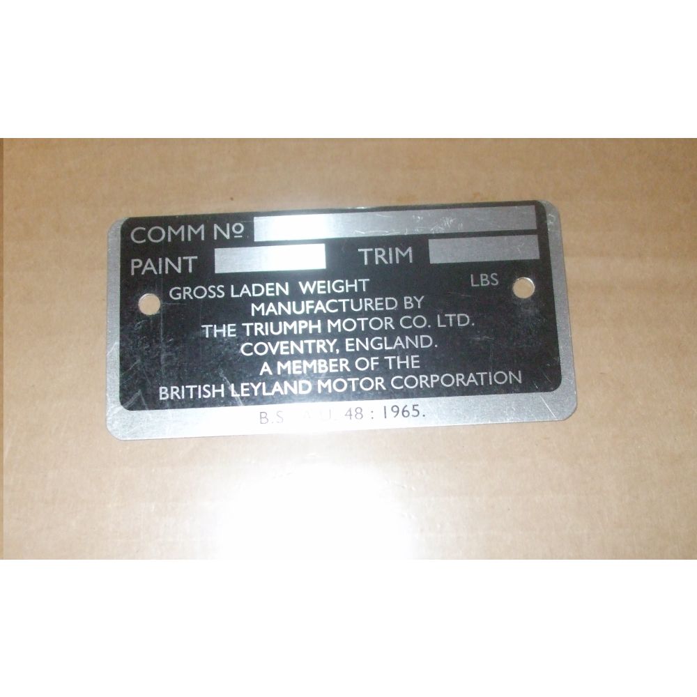 CHASSIS COMMISSION VIN PLATE (Triumph Spitfire Mk3, MkIV & GT6)