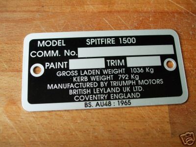 CHASSIS COMMISSION VIN PLATE (Triumph Spitfire 1500) (1974- 81)